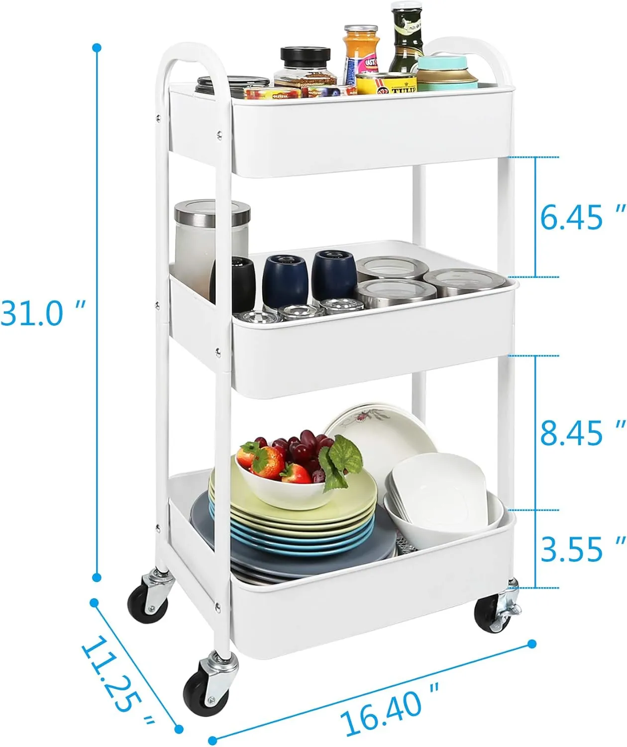 MAX Houser 3-Tier Rolling Utility Cart with Caster Wheels,Easy Assembly, for Kitchen, Bathroom (White)