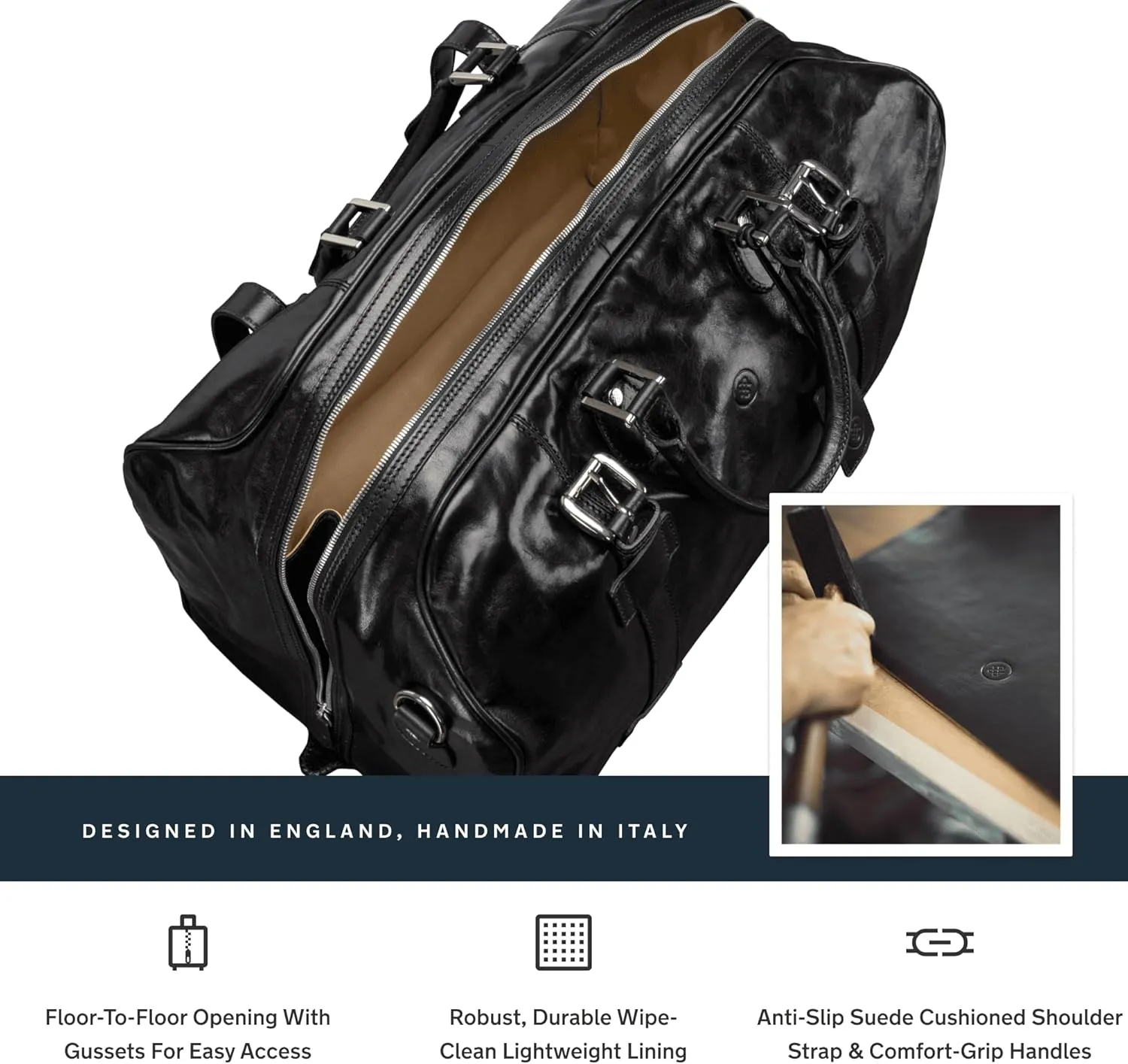 Maxwell Scott - Mens Italian Large Leather Duffle Bag for Luxury Travel - Handmade in Italy - The FleroL Black