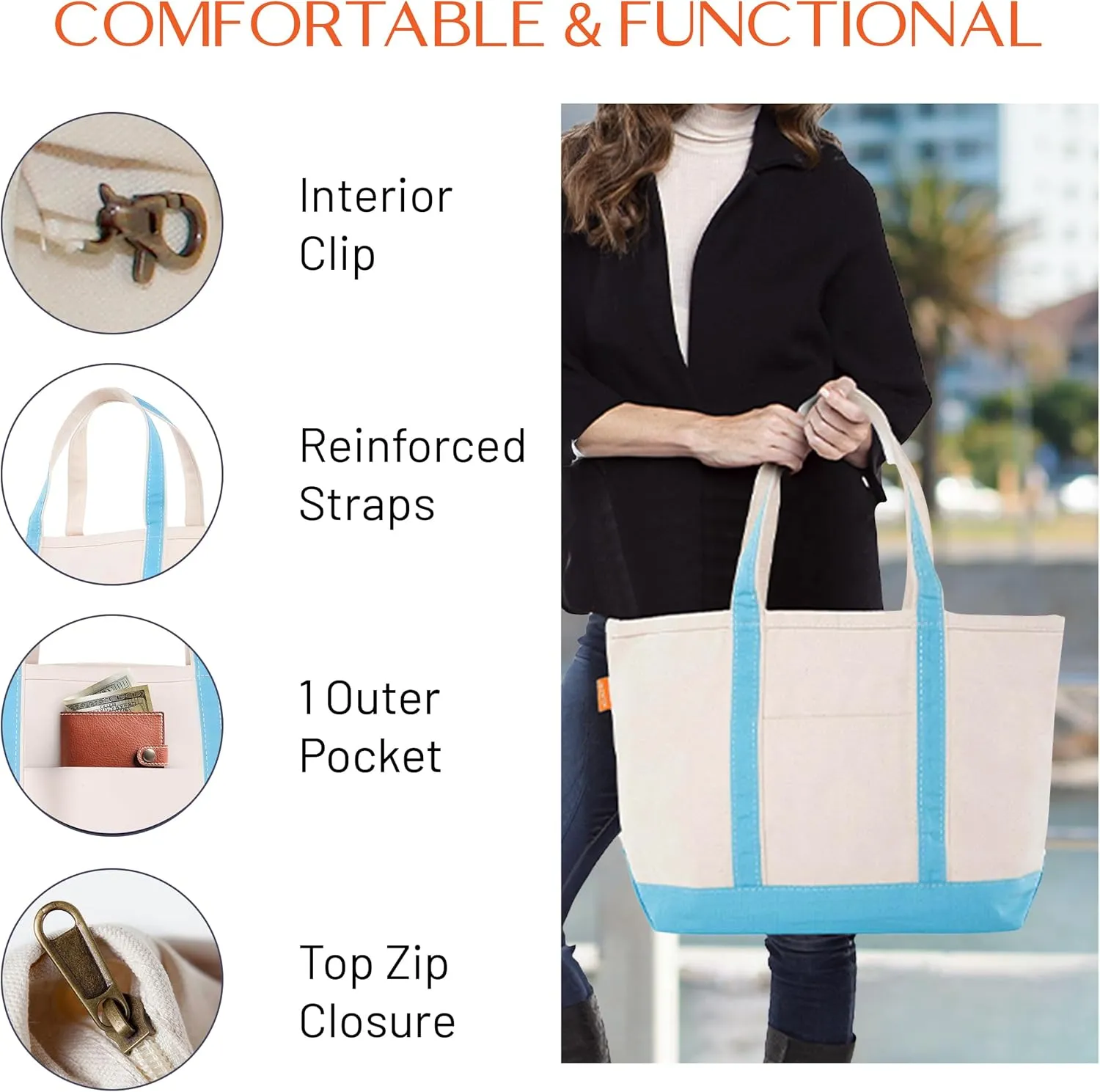 Medium Classic Canvas Tote Bag for Women, Top Zipper Closure, Outer Pocket, Daily Essentials, Groceries, Traveling
