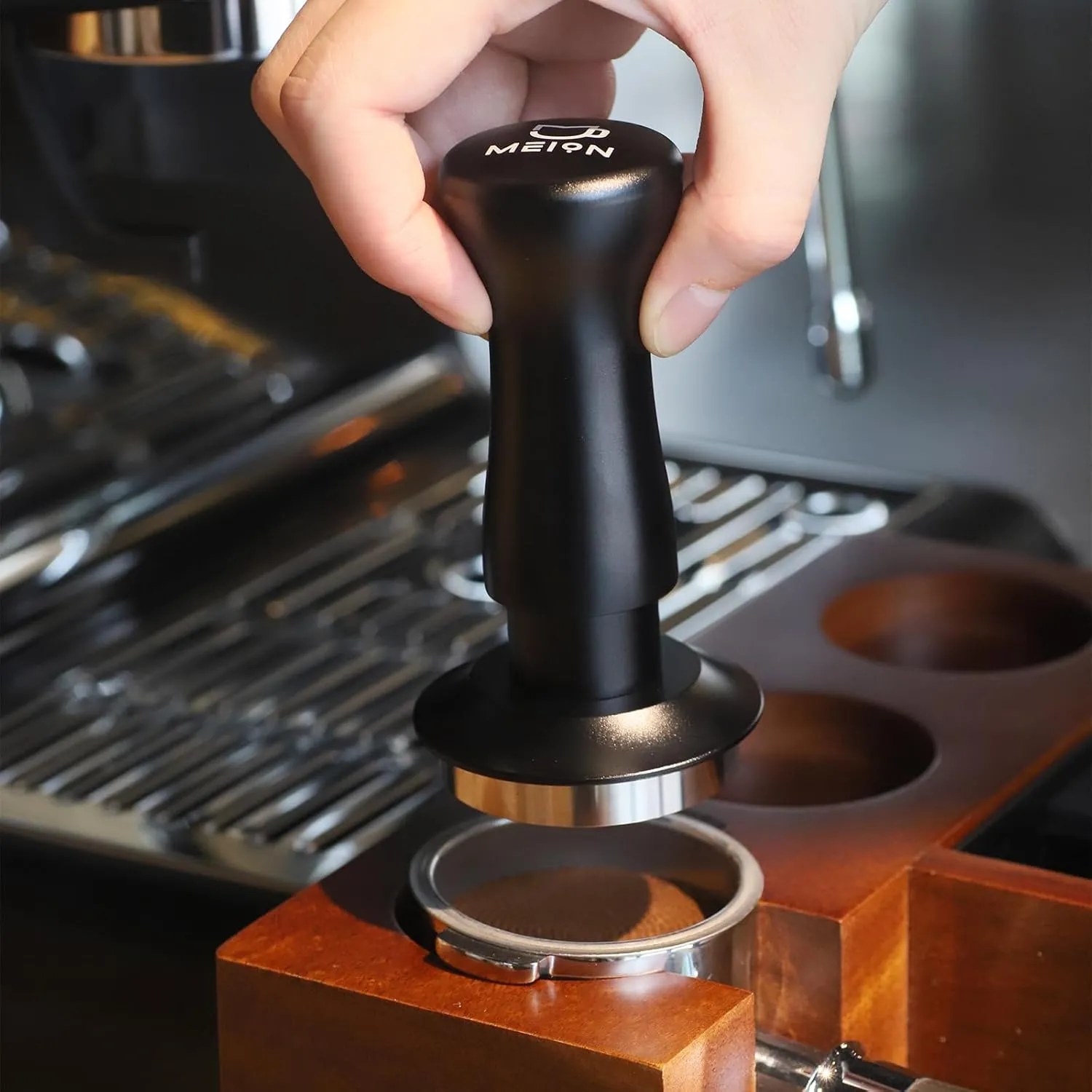 MEION Espresso Tamper 53.3mm Coffee Tamper, Calibrated Dual Spring Loaded Barista Tamper with Stainless Steel Base, Comes with aluminum storage pad (53.3MM, Black)