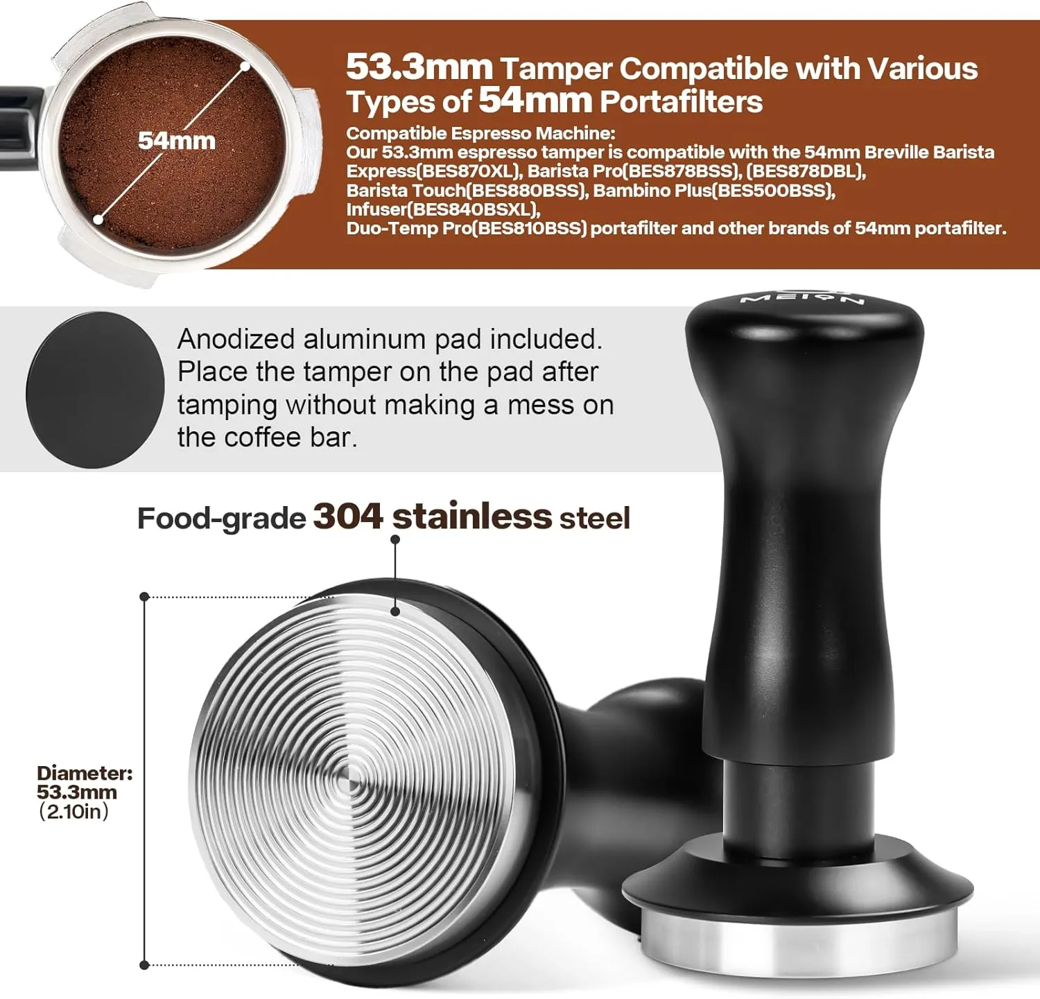 MEION Espresso Tamper 53.3mm Coffee Tamper, Calibrated Dual Spring Loaded Barista Tamper with Stainless Steel Base, Comes with aluminum storage pad (53.3MM, Black)