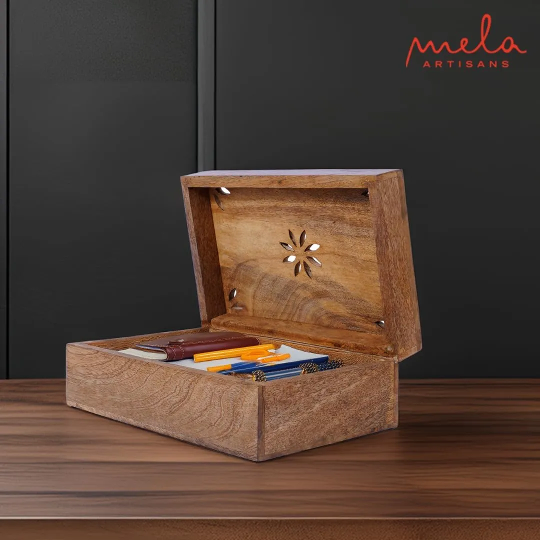 Mela Artisans Medium Burnt Mango Wood Box with Lid 'Serena' - Handmade Decorative Storage Box with Lid for Keepsakes, Jewelry, Photos & More - 7.5' x 4.5' x 3”