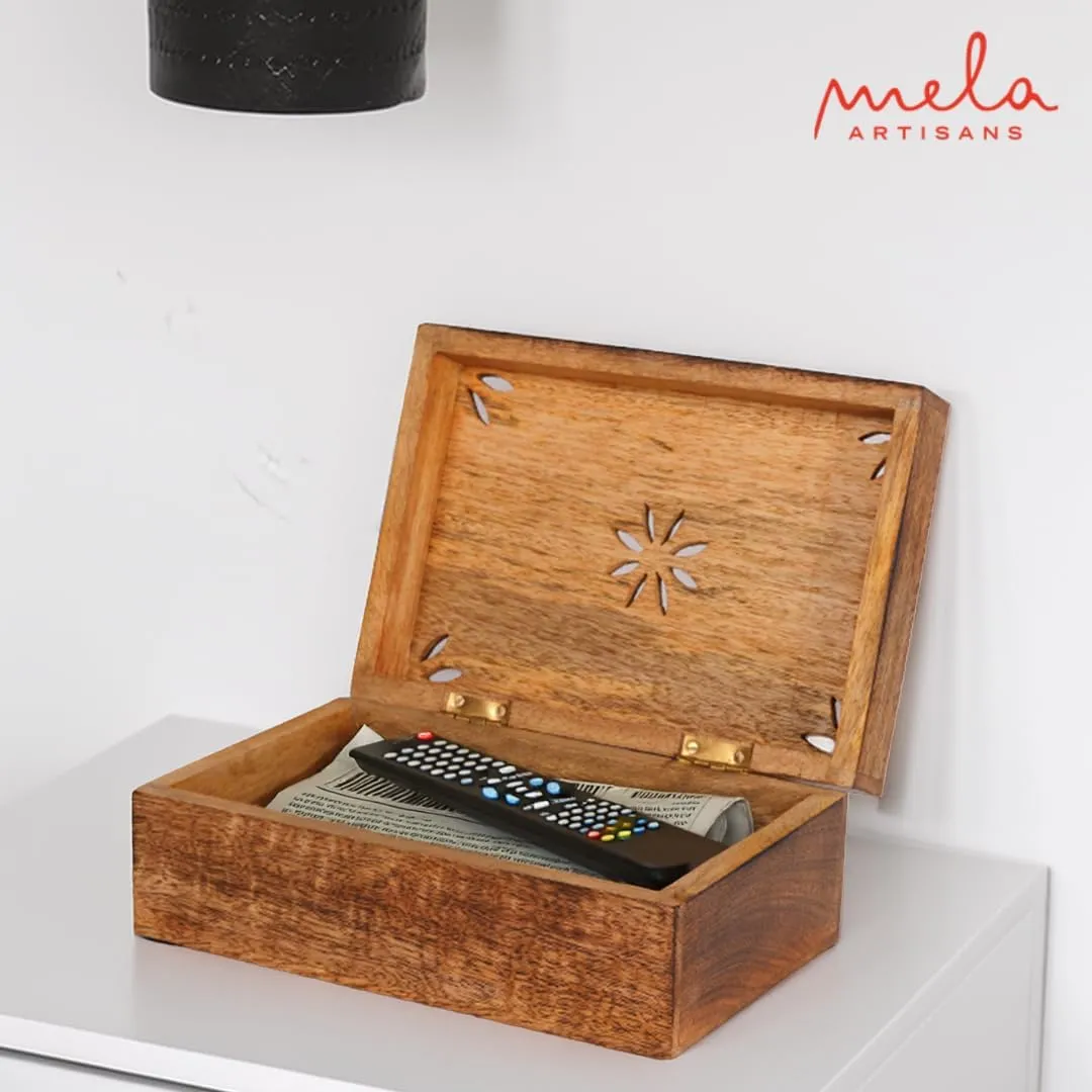 Mela Artisans Medium Burnt Mango Wood Box with Lid 'Serena' - Handmade Decorative Storage Box with Lid for Keepsakes, Jewelry, Photos & More - 7.5' x 4.5' x 3”