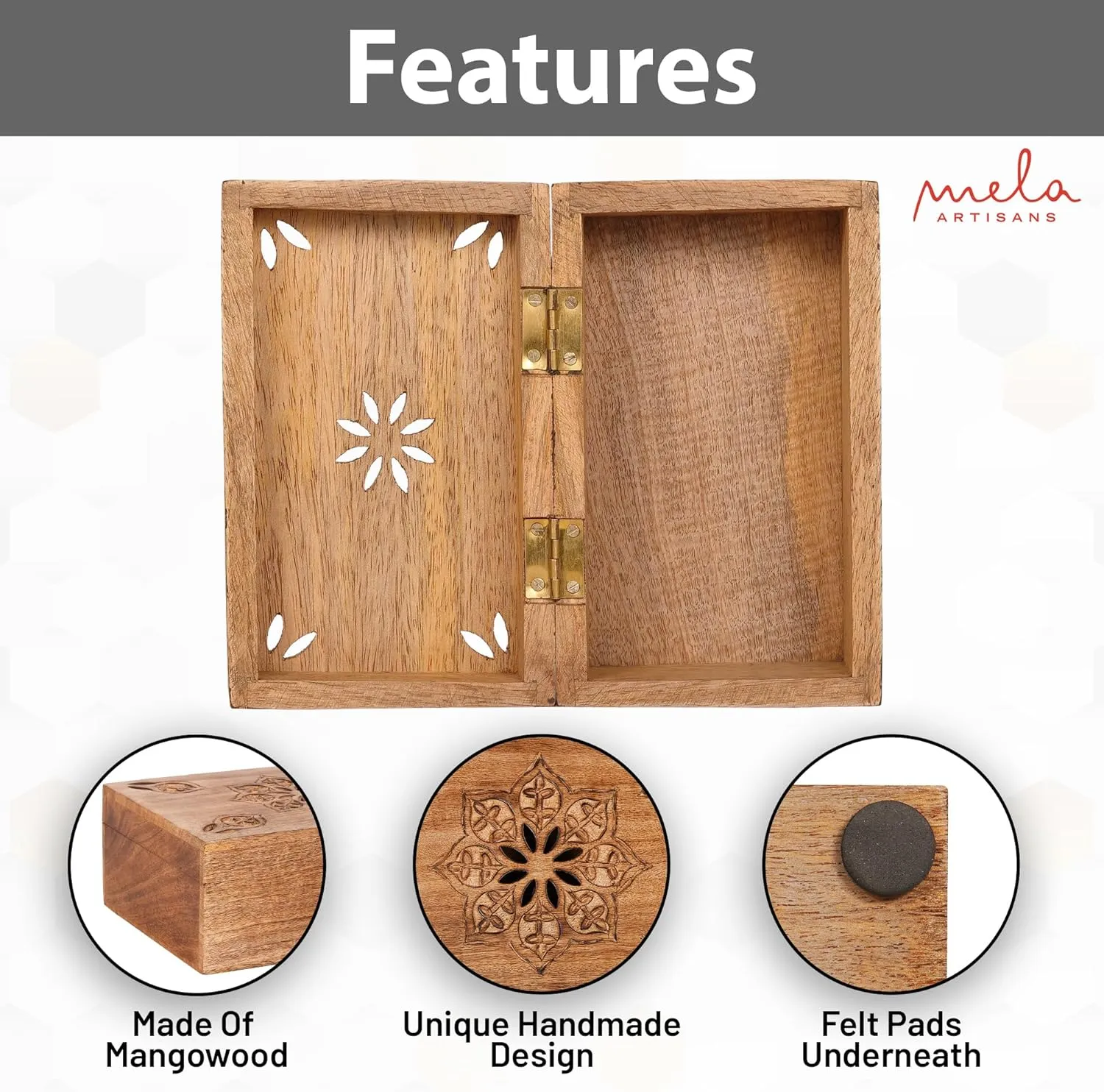 Mela Artisans Medium Burnt Mango Wood Box with Lid 'Serena' - Handmade Decorative Storage Box with Lid for Keepsakes, Jewelry, Photos & More - 7.5' x 4.5' x 3”