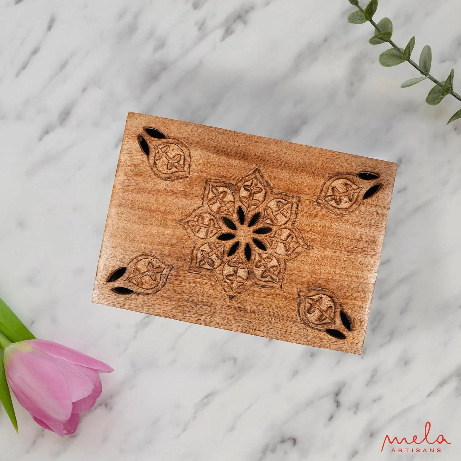 Mela Artisans Medium Burnt Mango Wood Box with Lid 'Serena' - Handmade Decorative Storage Box with Lid for Keepsakes, Jewelry, Photos & More - 7.5' x 4.5' x 3”
