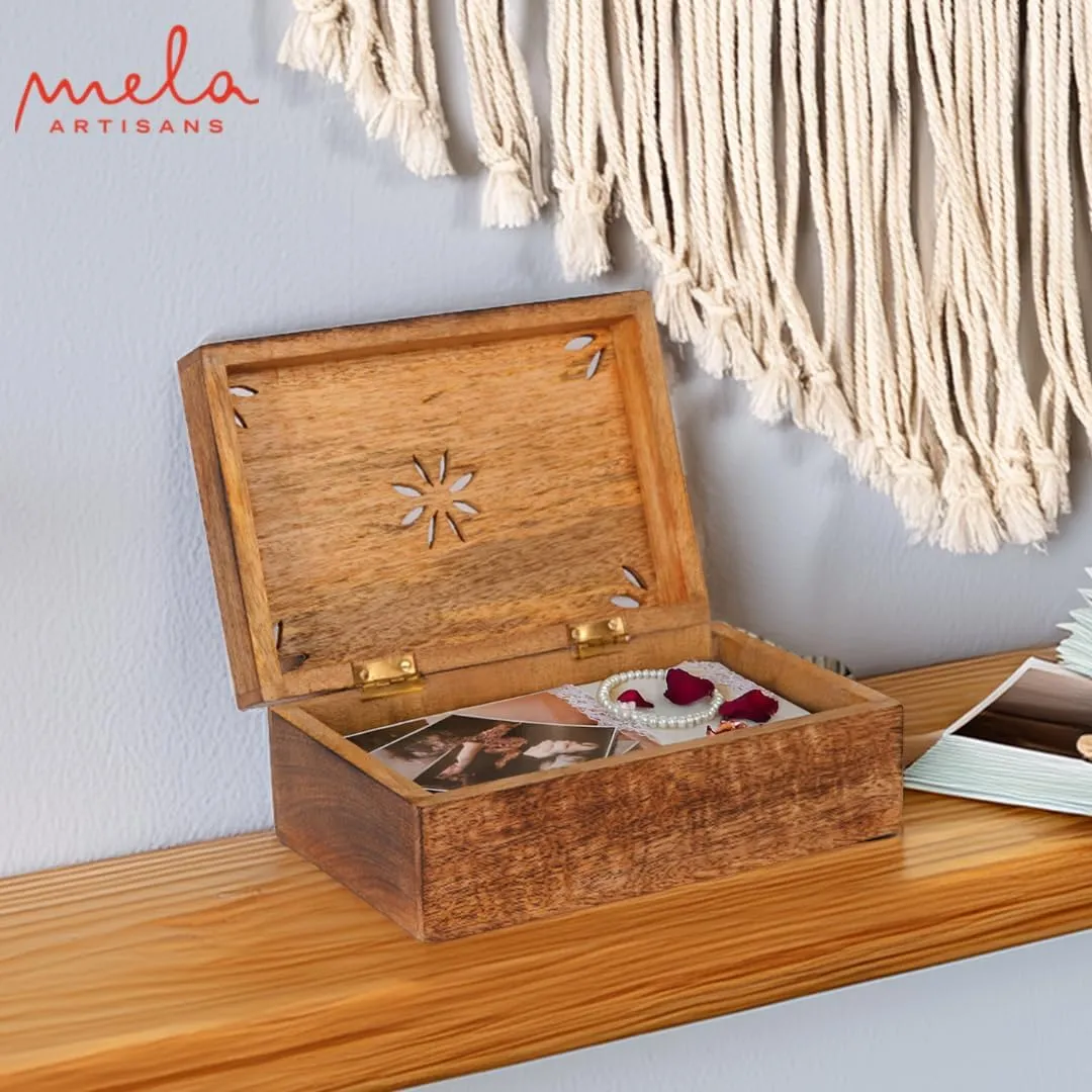Mela Artisans Medium Burnt Mango Wood Box with Lid 'Serena' - Handmade Decorative Storage Box with Lid for Keepsakes, Jewelry, Photos & More - 7.5' x 4.5' x 3”