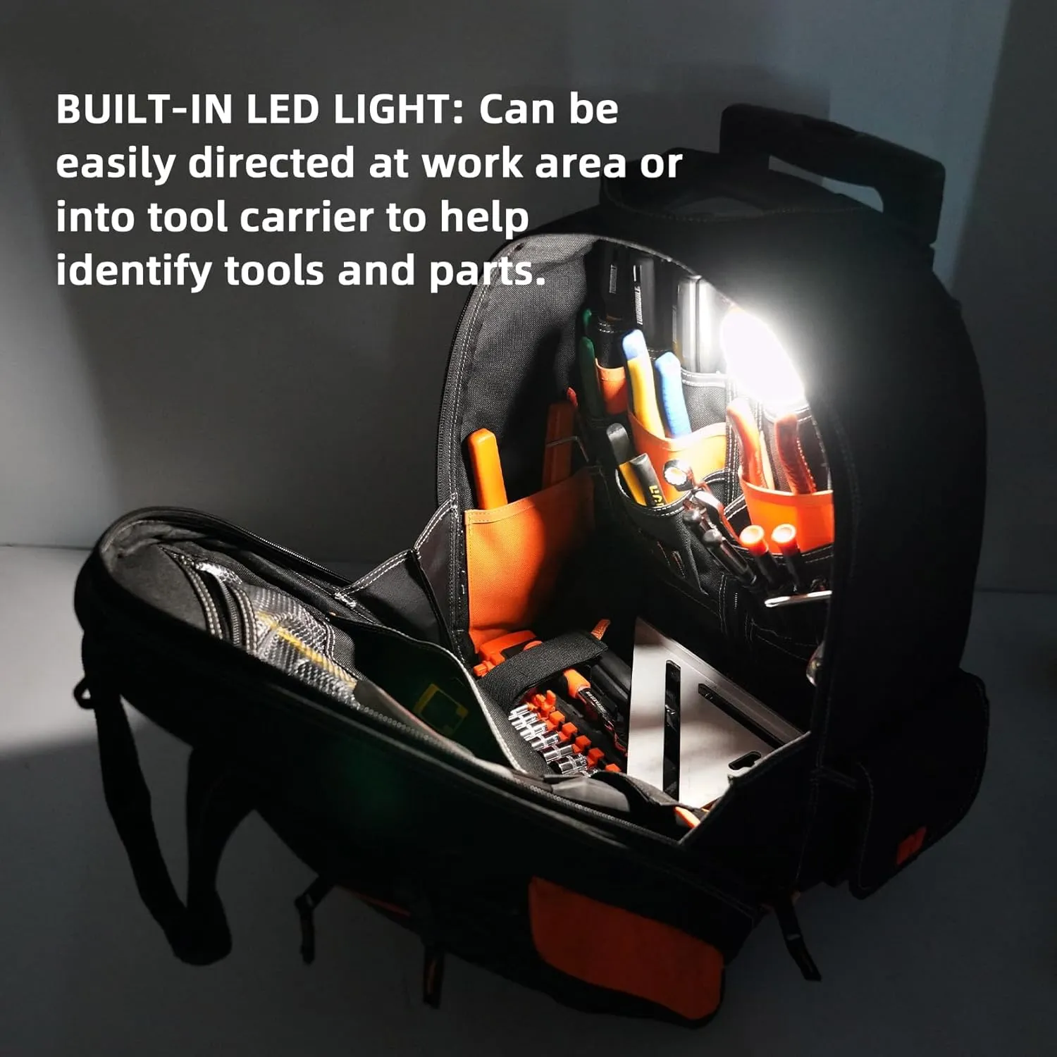MELOTOUGH LED-Light Rolling Tool bag with Telescoping Handle Heavy Duty Rolling Tool Bag with Wheels,Electrician tool bag for men Heavy Duty,Wheels Tool Bag for Electricians,Tradesmen,Trave