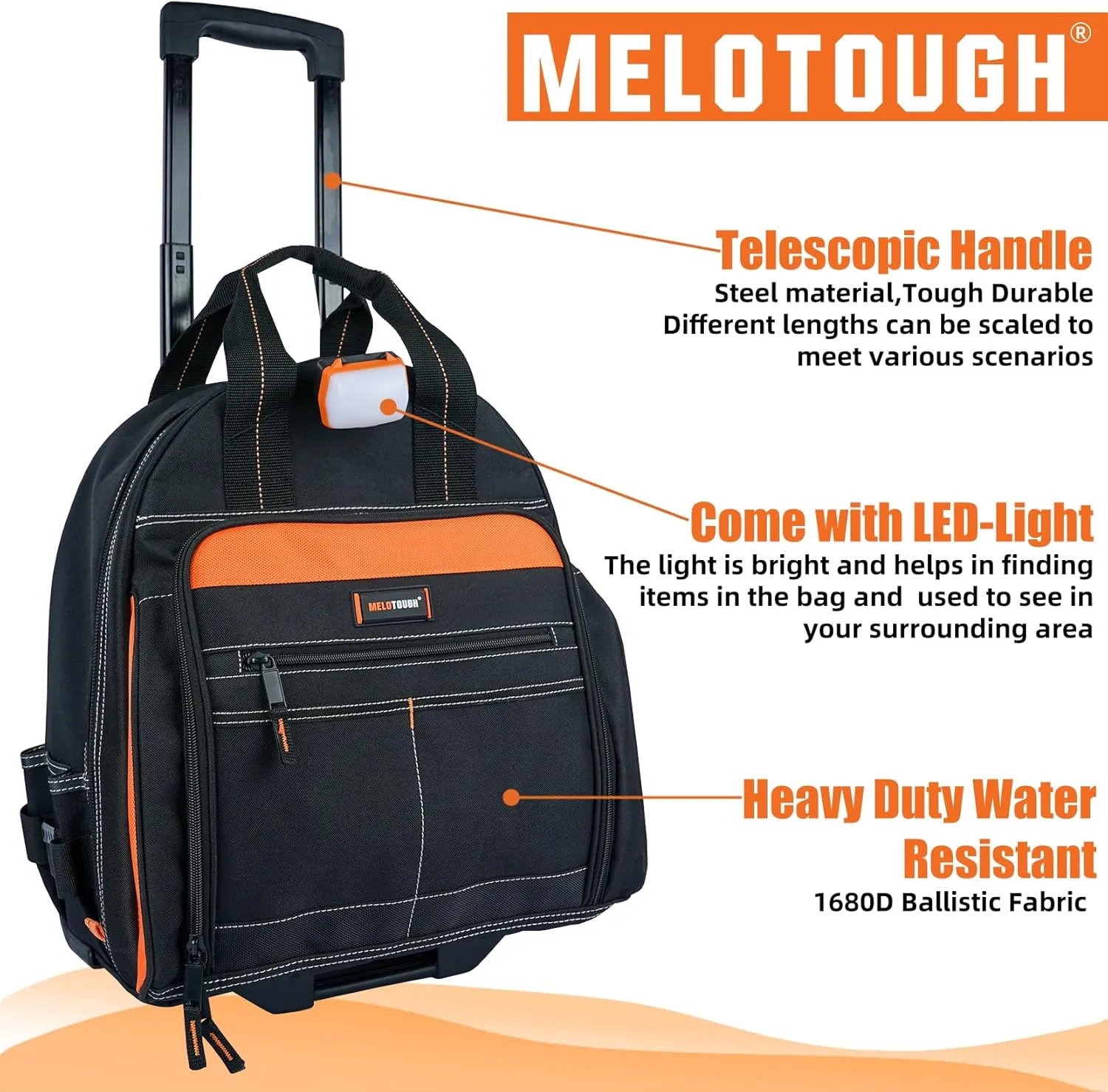 MELOTOUGH LED-Light Rolling Tool bag with Telescoping Handle Heavy Duty Rolling Tool Bag with Wheels,Electrician tool bag for men Heavy Duty,Wheels Tool Bag for Electricians,Tradesmen,Trave