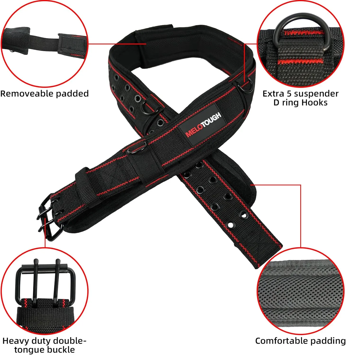 MELOTOUGH Padded Tool Belt with D ring for men construction Strong Durable Double Metal Roller Buckle,adjustable waist 44'-53'thick confortable foam padding (XXL)