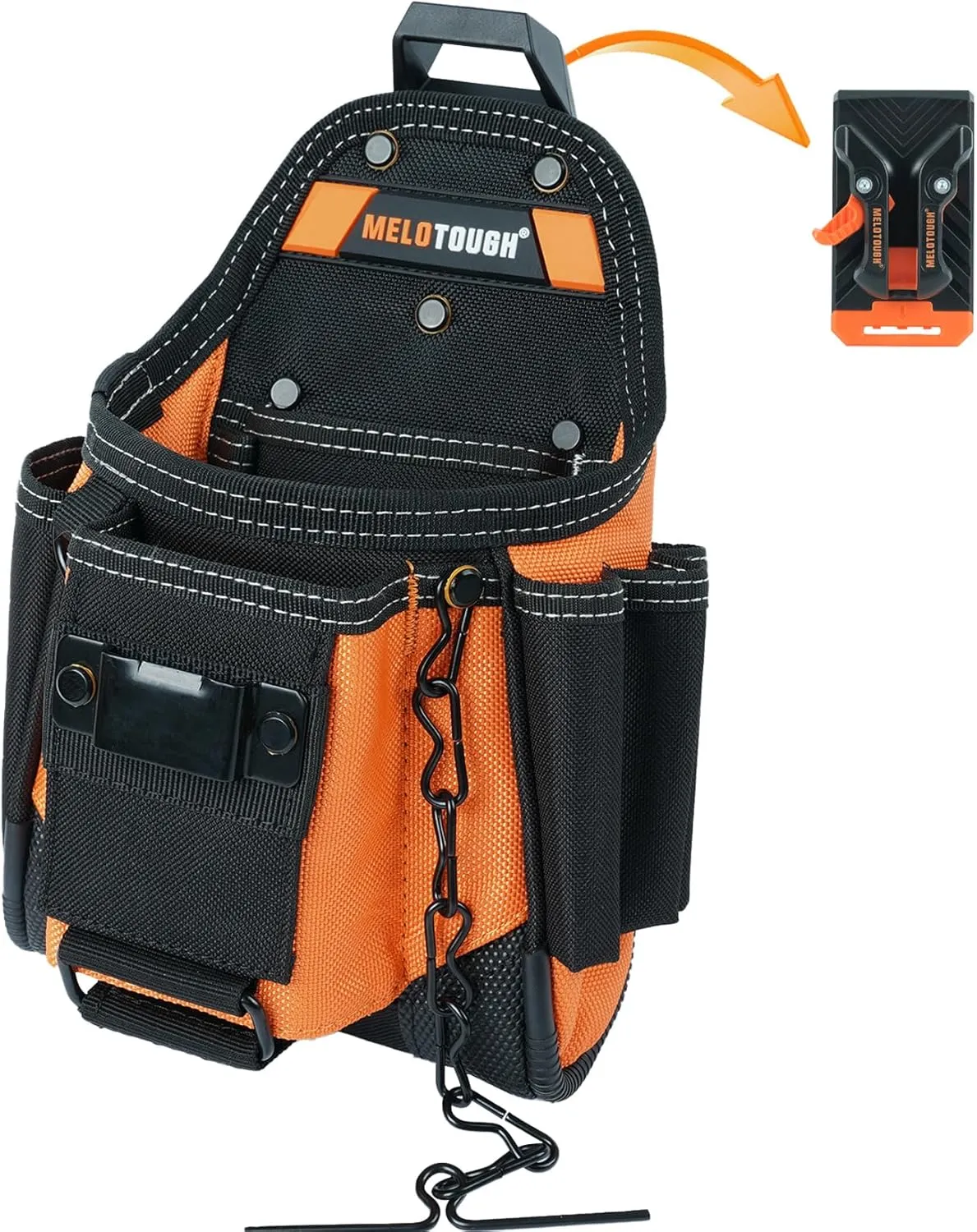 MELOTOUGH Small Electrician Tool Pouch With Belt Clip Attachment - 9 Pockets Tradesman Bag With Tape Thong - Holster for Electricians