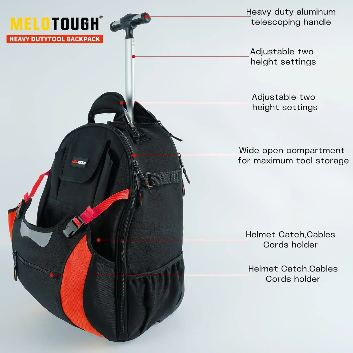MELOTOUGH Wheeled Rolling Tool Bag Heavy Duty Tool Backpack with Wheels Tool Organizer Bag for Electrician, Carpenter, HVAC,Welder (Red)