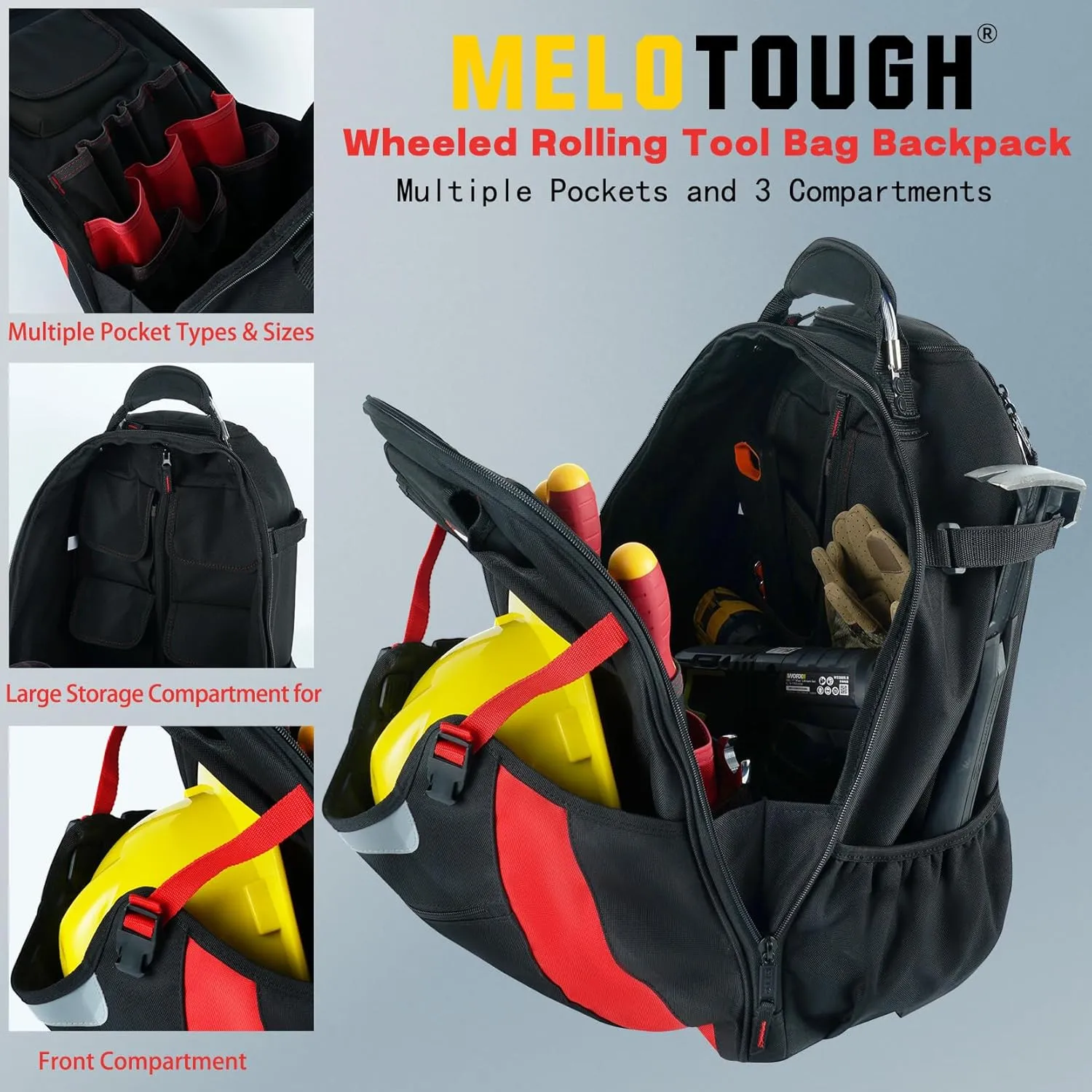 MELOTOUGH Wheeled Rolling Tool Bag Heavy Duty Tool Backpack with Wheels Tool Organizer Bag for Electrician, Carpenter, HVAC,Welder (Red)