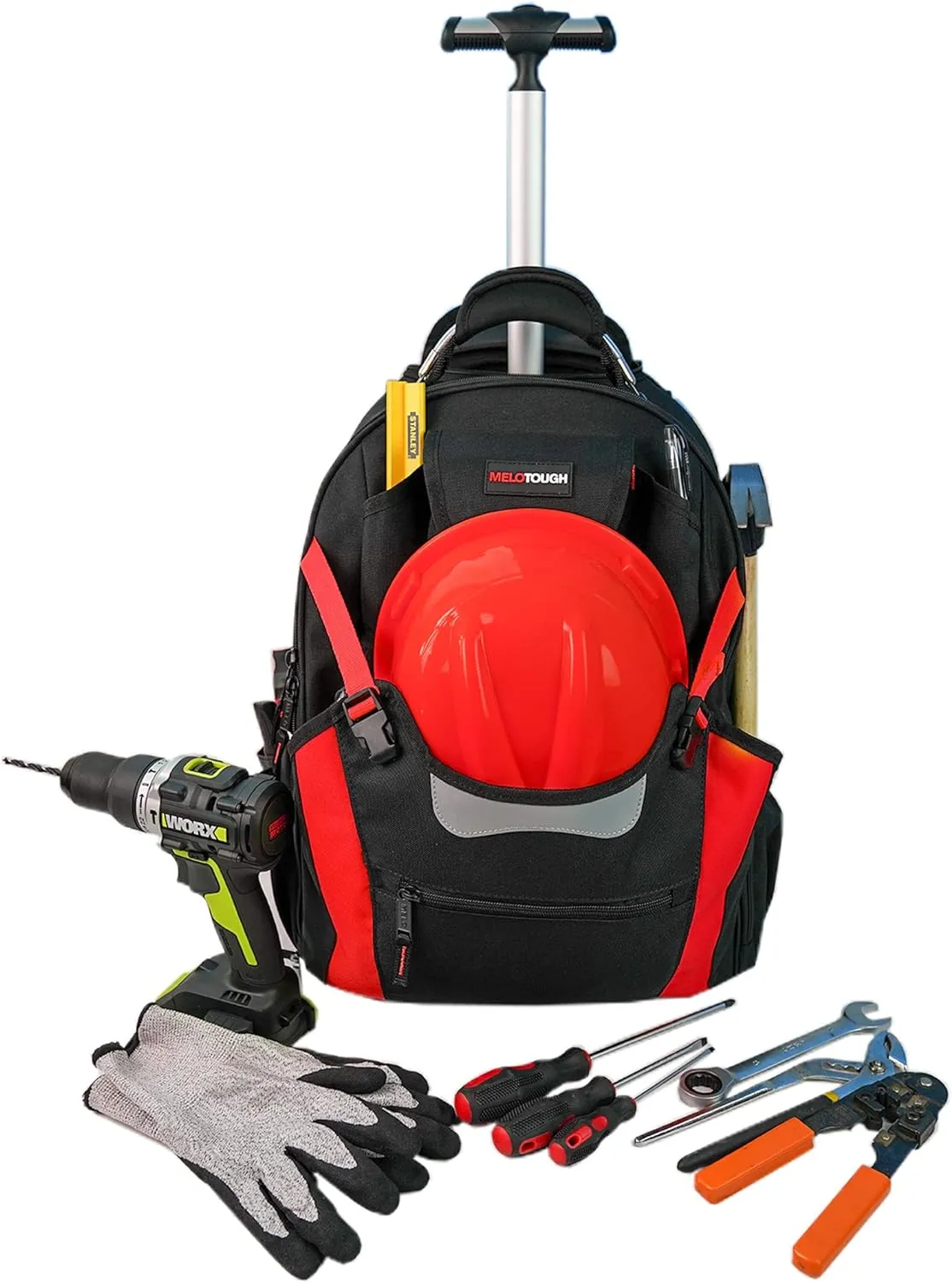 MELOTOUGH Wheeled Rolling Tool Bag Heavy Duty Tool Backpack with Wheels Tool Organizer Bag for Electrician, Carpenter, HVAC,Welder (Red)