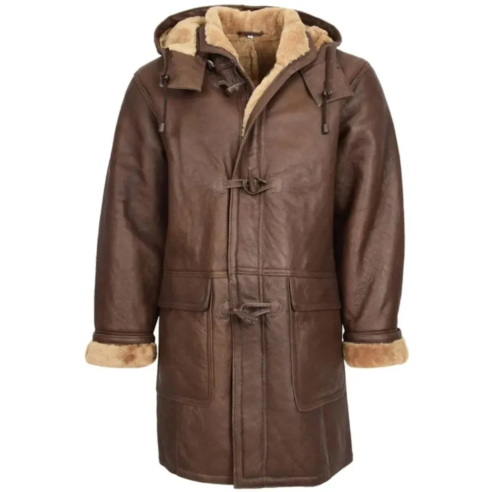 Men Real Leather Brown Duffle Coat