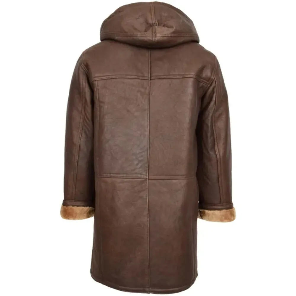 Men Real Leather Brown Duffle Coat