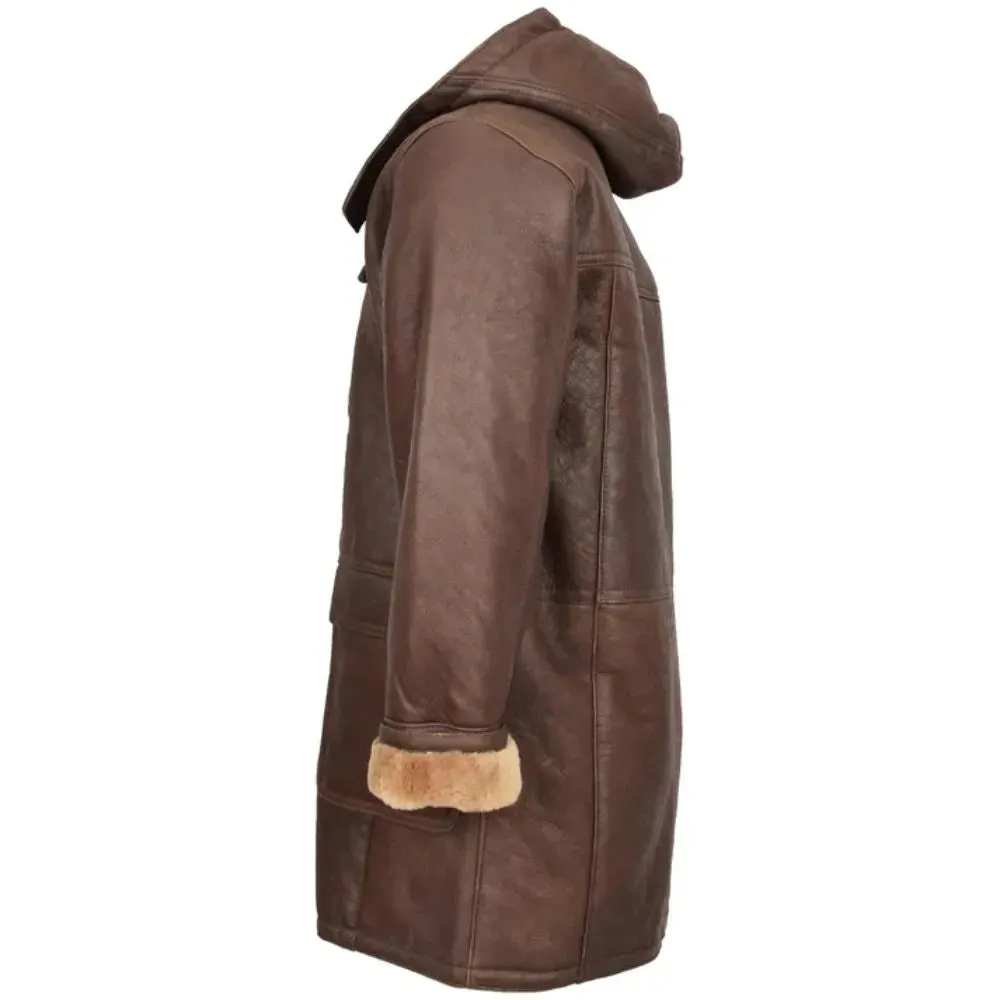Men Real Leather Brown Duffle Coat