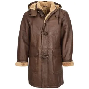 Men Real Leather Brown Duffle Coat