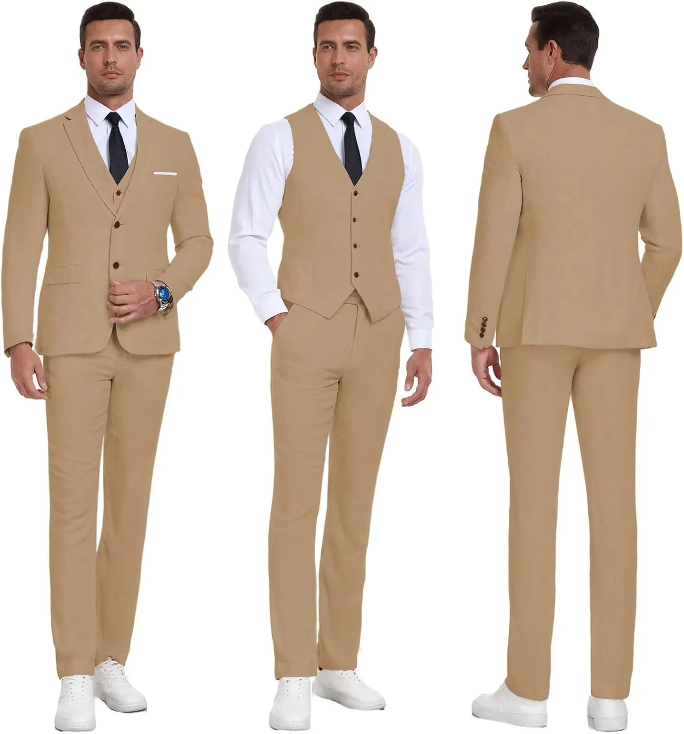Men Suits Linen Beach Wedding Suits 3 Piece Groomsmen Attire Linen Blazer Vest Pant Prom Tuxedo
