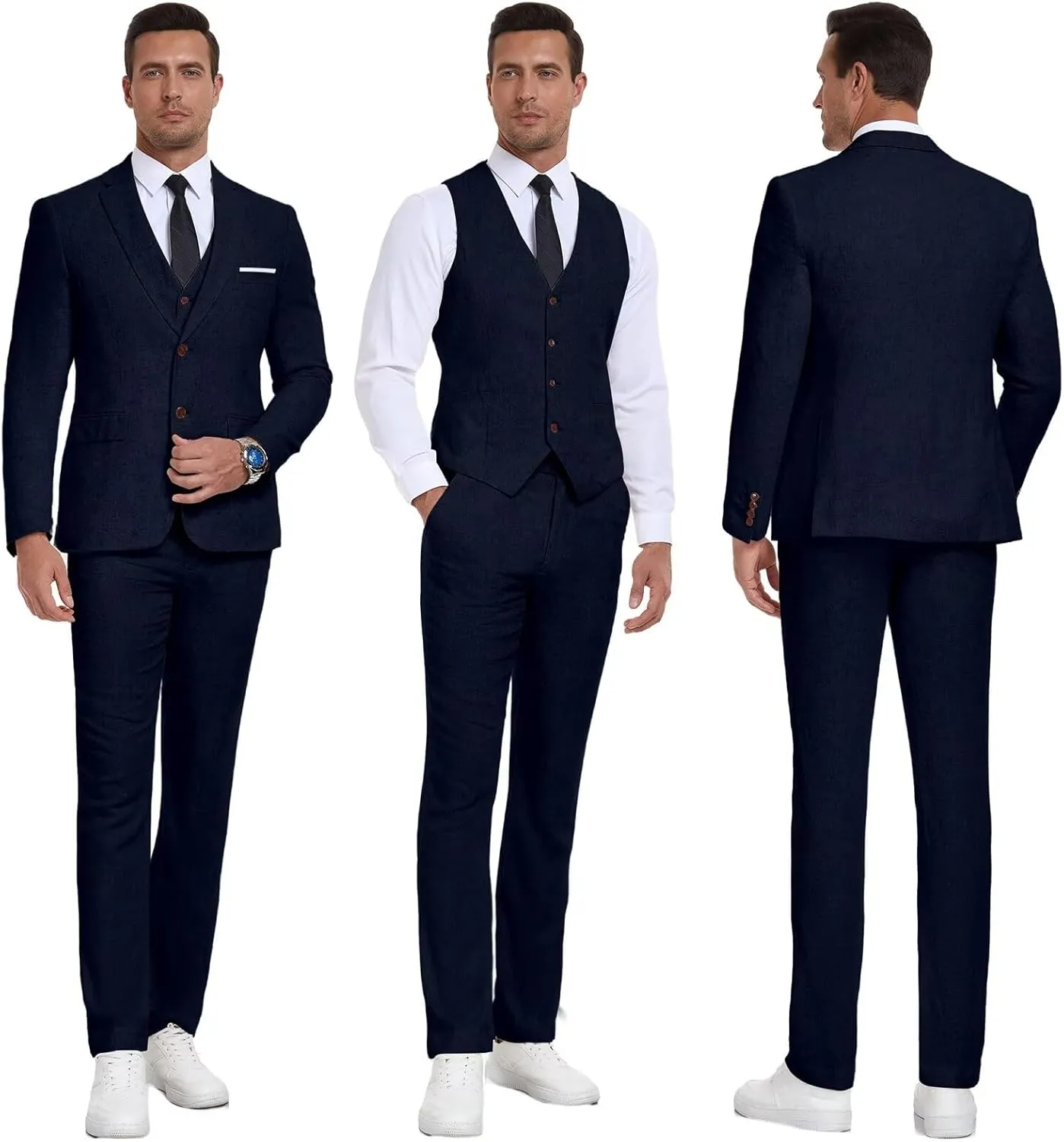Men Suits Linen Beach Wedding Suits 3 Piece Groomsmen Attire Linen Blazer Vest Pant Prom Tuxedo