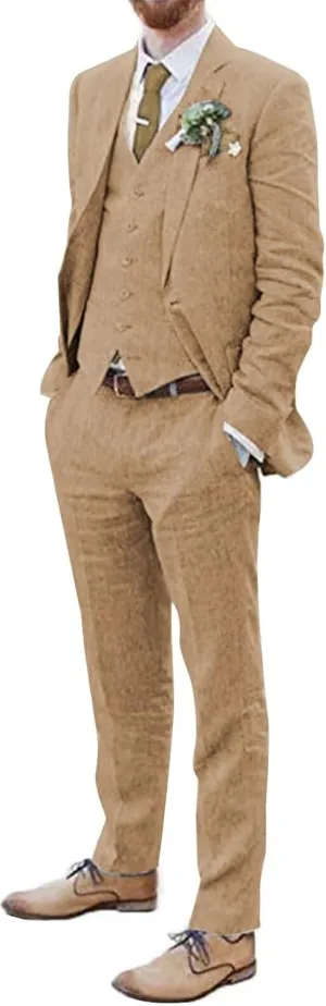 Men Suits Linen Beach Wedding Suits 3 Piece Groomsmen Attire Linen Blazer Vest Pant Prom Tuxedo