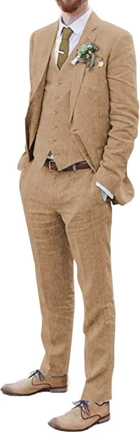 Men Suits Linen Beach Wedding Suits 3 Piece Groomsmen Attire Linen Blazer Vest Pant Prom Tuxedo