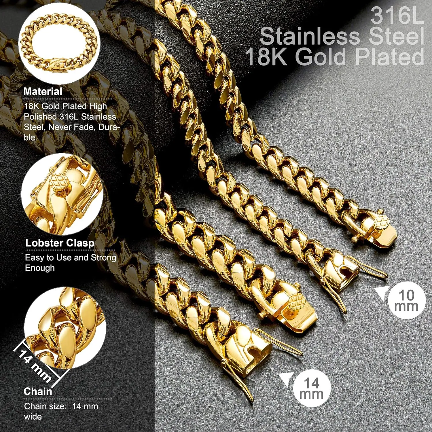 Mens 18k Gold Plated Stainless Steel Hip Hop Cuban Curb Link Chain Necklace