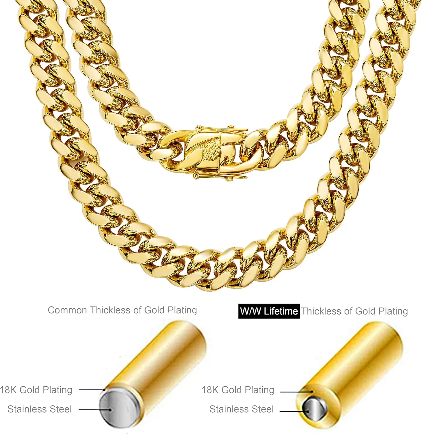 Mens 18k Gold Plated Stainless Steel Hip Hop Cuban Curb Link Chain Necklace