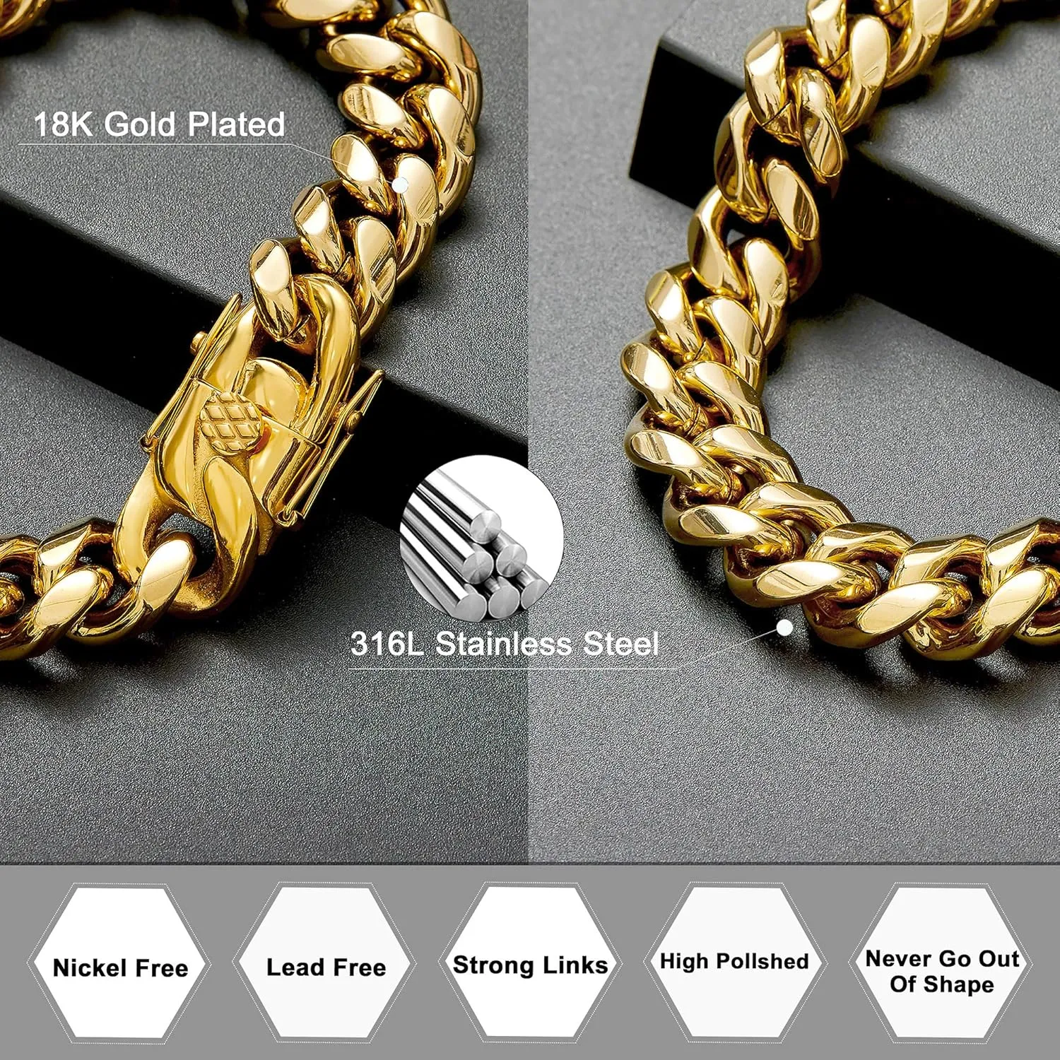 Mens 18k Gold Plated Stainless Steel Hip Hop Cuban Curb Link Chain Necklace