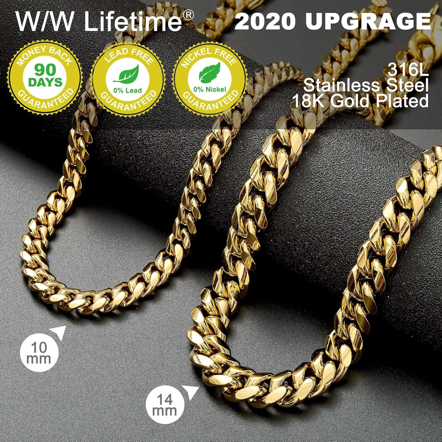 Mens 18k Gold Plated Stainless Steel Hip Hop Cuban Curb Link Chain Necklace