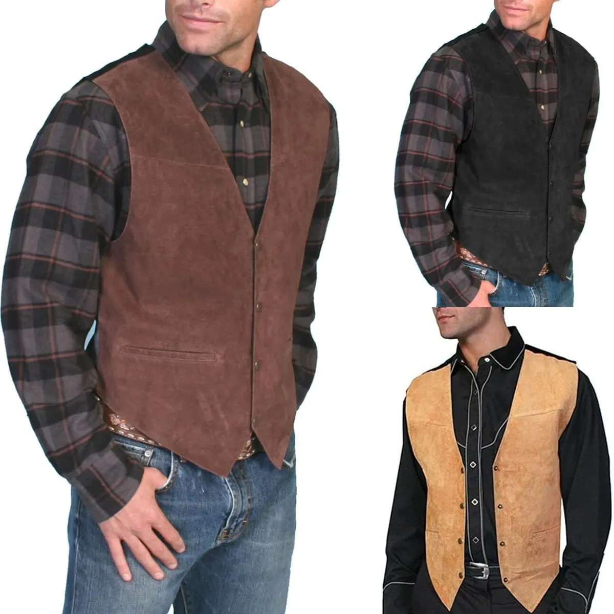 Men's Artificial Suede Leather Suit Vest Casual Cowboy Western Classic Wedding V Neck Waistcoat Vest