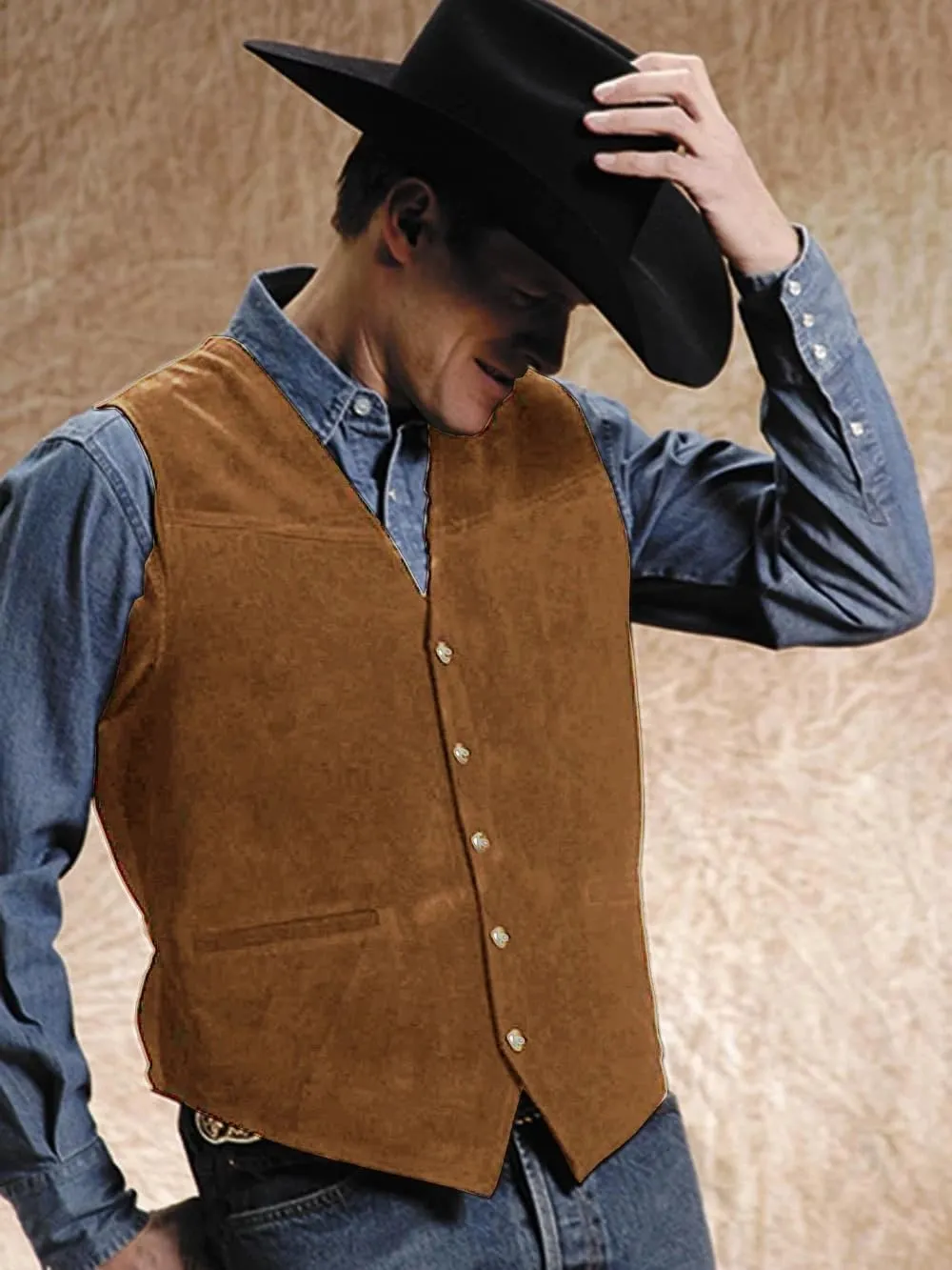 Men's Artificial Suede Leather Suit Vest Casual Cowboy Western Classic Wedding V Neck Waistcoat Vest