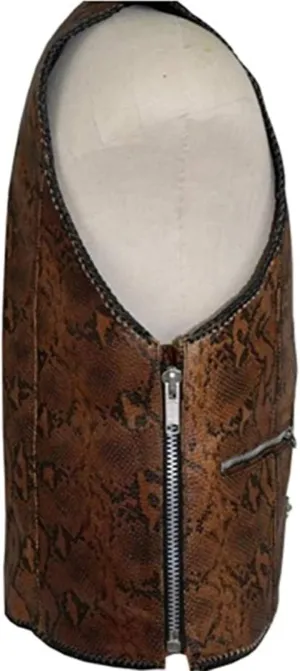 Men's biker Rider motorcycle Moterbike Snake Skin looking Brown Sturdy Genuine Cowhide Leather Vest.