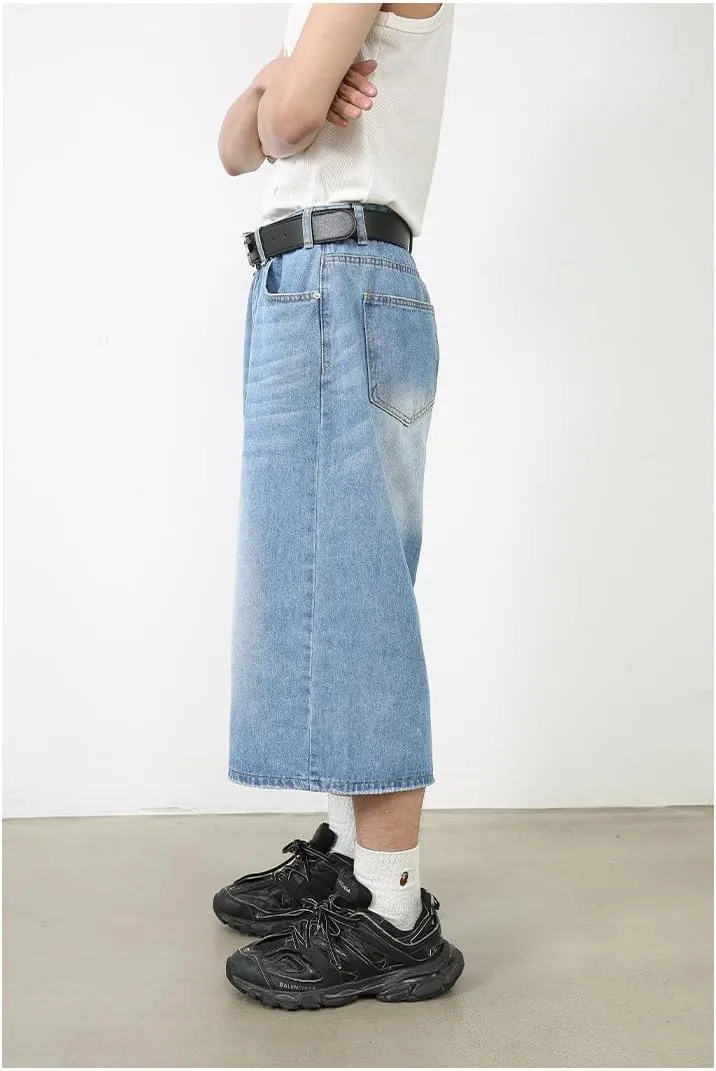 Mens Denim Shorts Summer Vintage Relaxed Fit Casual Wide Leg Jeans