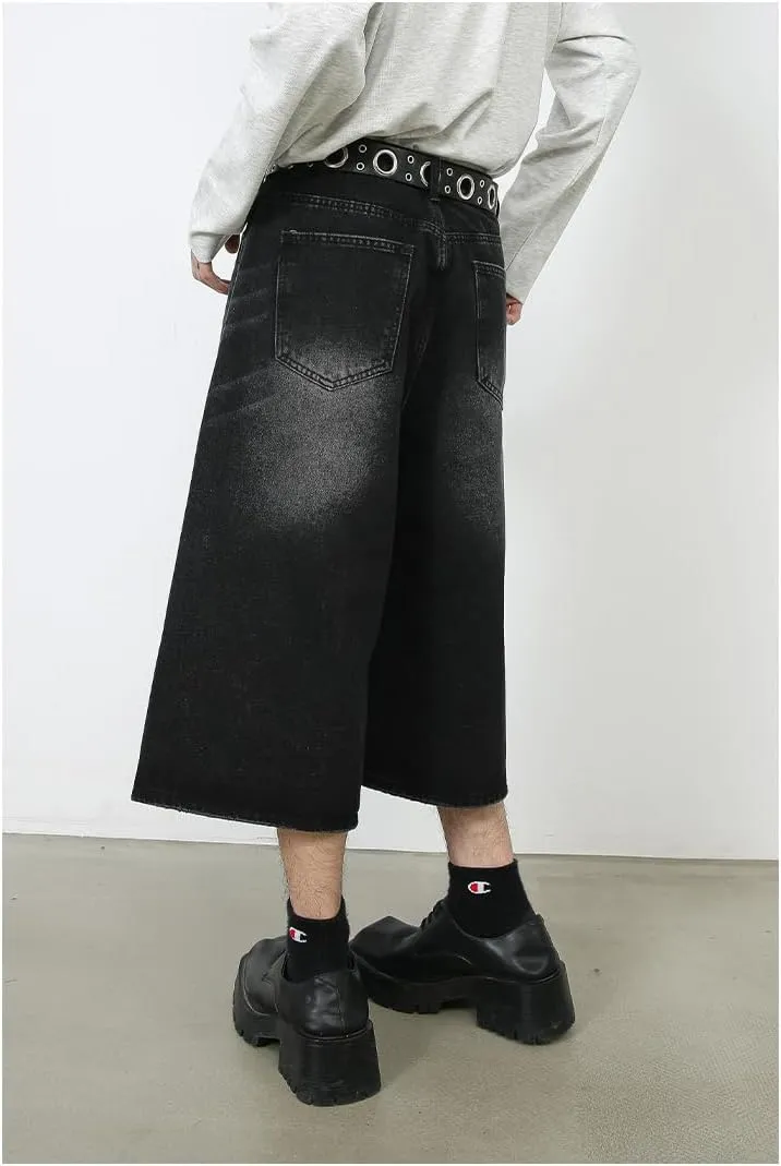 Mens Denim Shorts Summer Vintage Relaxed Fit Casual Wide Leg Jeans