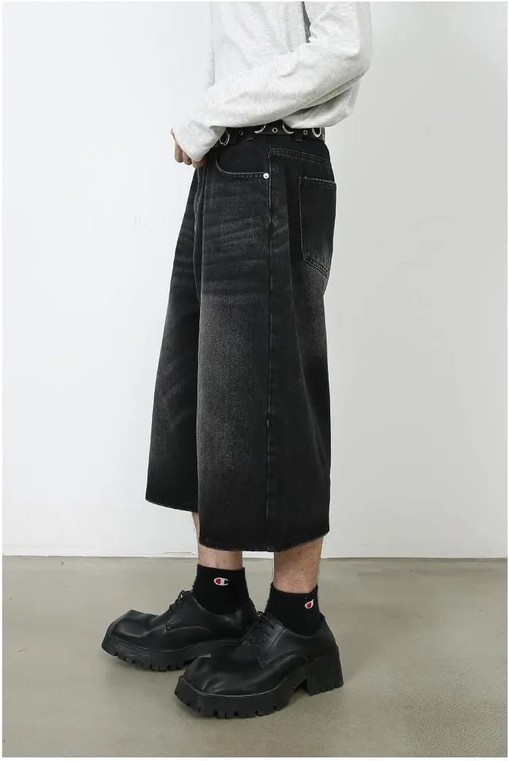 Mens Denim Shorts Summer Vintage Relaxed Fit Casual Wide Leg Jeans