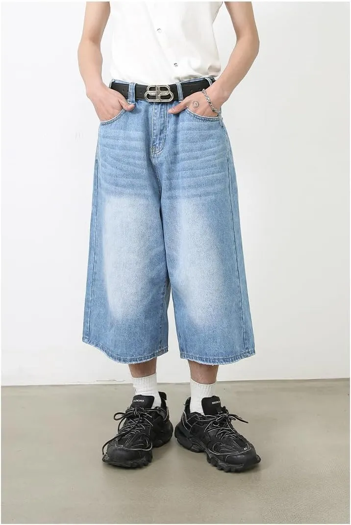 Mens Denim Shorts Summer Vintage Relaxed Fit Casual Wide Leg Jeans