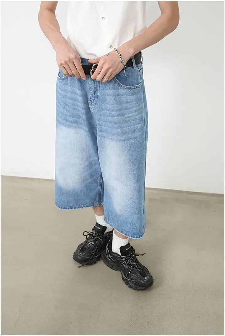 Mens Denim Shorts Summer Vintage Relaxed Fit Casual Wide Leg Jeans