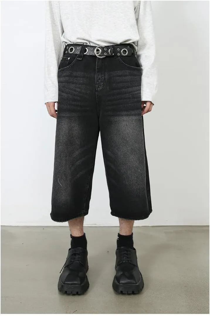 Mens Denim Shorts Summer Vintage Relaxed Fit Casual Wide Leg Jeans