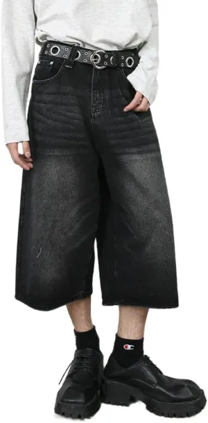 Mens Denim Shorts Summer Vintage Relaxed Fit Casual Wide Leg Jeans