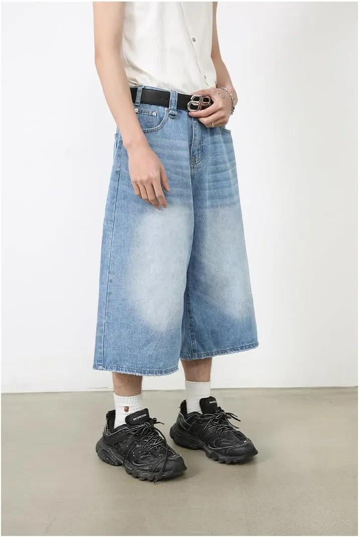 Mens Denim Shorts Summer Vintage Relaxed Fit Casual Wide Leg Jeans