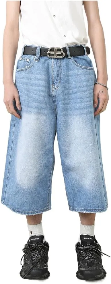Mens Denim Shorts Summer Vintage Relaxed Fit Casual Wide Leg Jeans