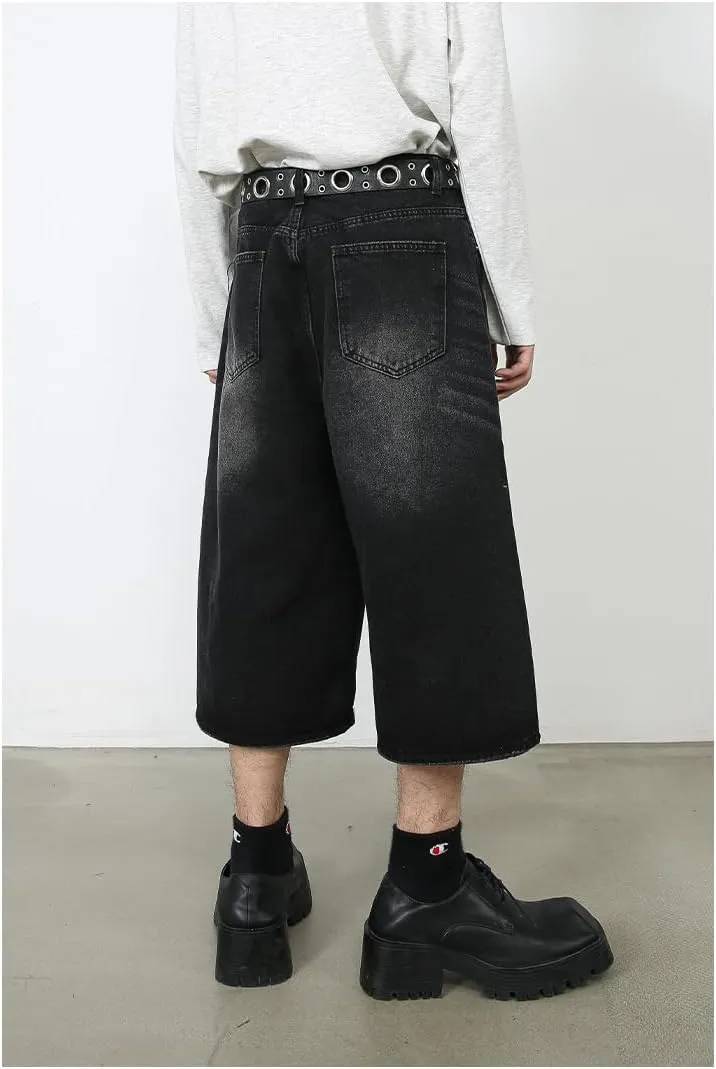 Mens Denim Shorts Summer Vintage Relaxed Fit Casual Wide Leg Jeans