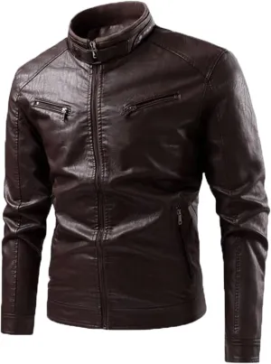 Men's Faux Zip-Up Slim Armor Leather Jacket Stand Collar PU Motorcycle Biker Outerwear Long Sleeve Coat Jackets