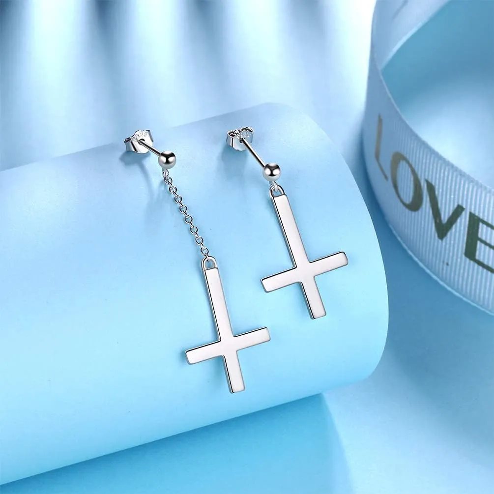 Mens Inverted Cross Earrings Solid 925 Sterling Silver Fine Jewelry Asymmetric Upside Down Cross Earrings St. Peter Satanic Earrings Piercing Clip On Earrings Gothic Jewelry Christmas Jewelry Gift Thanksgiving Day Women Girls