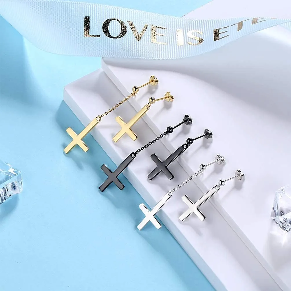 Mens Inverted Cross Earrings Solid 925 Sterling Silver Fine Jewelry Asymmetric Upside Down Cross Earrings St. Peter Satanic Earrings Piercing Clip On Earrings Gothic Jewelry Christmas Jewelry Gift Thanksgiving Day Women Girls