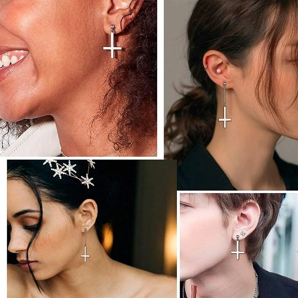 Mens Inverted Cross Earrings Solid 925 Sterling Silver Fine Jewelry Asymmetric Upside Down Cross Earrings St. Peter Satanic Earrings Piercing Clip On Earrings Gothic Jewelry Christmas Jewelry Gift Thanksgiving Day Women Girls