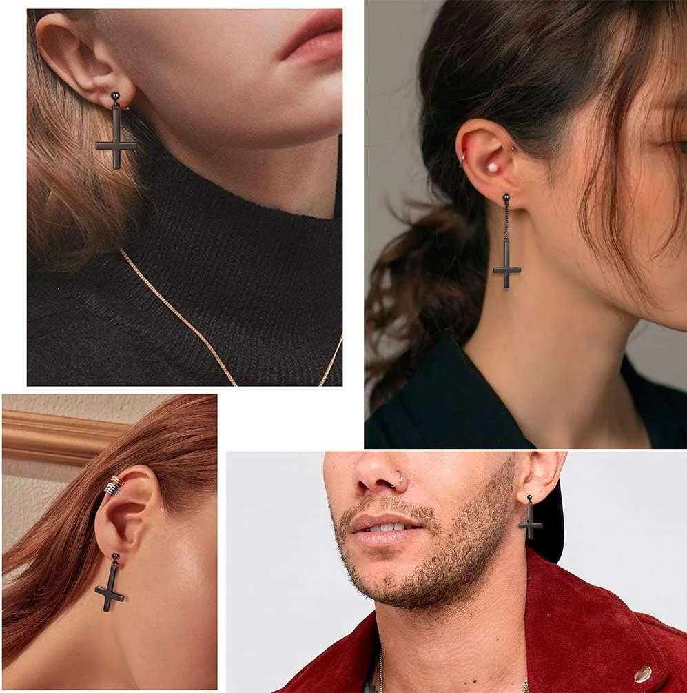 Mens Inverted Cross Earrings Solid 925 Sterling Silver Fine Jewelry Asymmetric Upside Down Cross Earrings St. Peter Satanic Earrings Piercing Clip On Earrings Gothic Jewelry Christmas Jewelry Gift Thanksgiving Day Women Girls