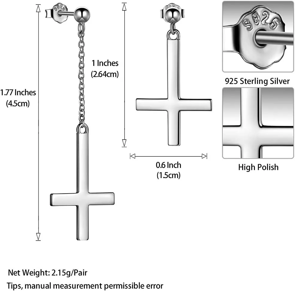 Mens Inverted Cross Earrings Solid 925 Sterling Silver Fine Jewelry Asymmetric Upside Down Cross Earrings St. Peter Satanic Earrings Piercing Clip On Earrings Gothic Jewelry Christmas Jewelry Gift Thanksgiving Day Women Girls