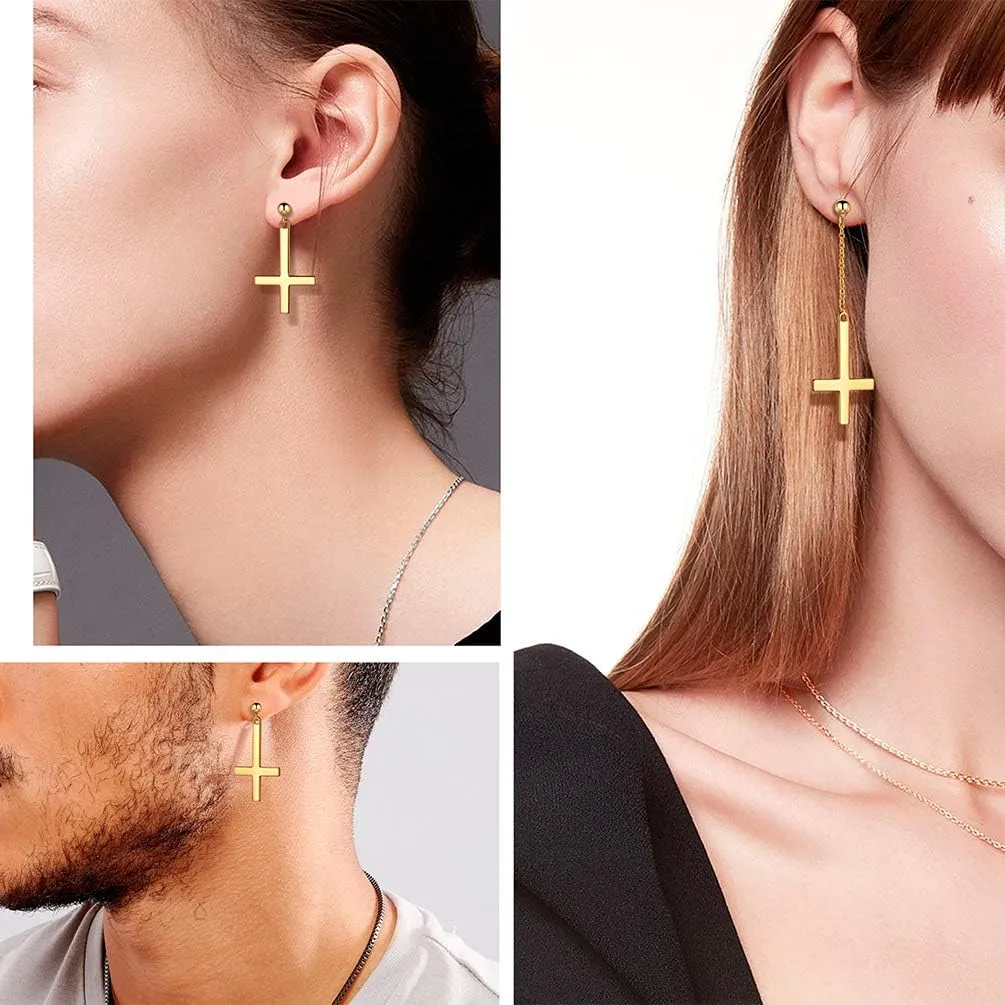 Mens Inverted Cross Earrings Solid 925 Sterling Silver Fine Jewelry Asymmetric Upside Down Cross Earrings St. Peter Satanic Earrings Piercing Clip On Earrings Gothic Jewelry Christmas Jewelry Gift Thanksgiving Day Women Girls