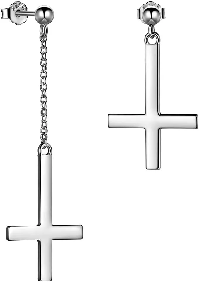 Mens Inverted Cross Earrings Solid 925 Sterling Silver Fine Jewelry Asymmetric Upside Down Cross Earrings St. Peter Satanic Earrings Piercing Clip On Earrings Gothic Jewelry Christmas Jewelry Gift Thanksgiving Day Women Girls